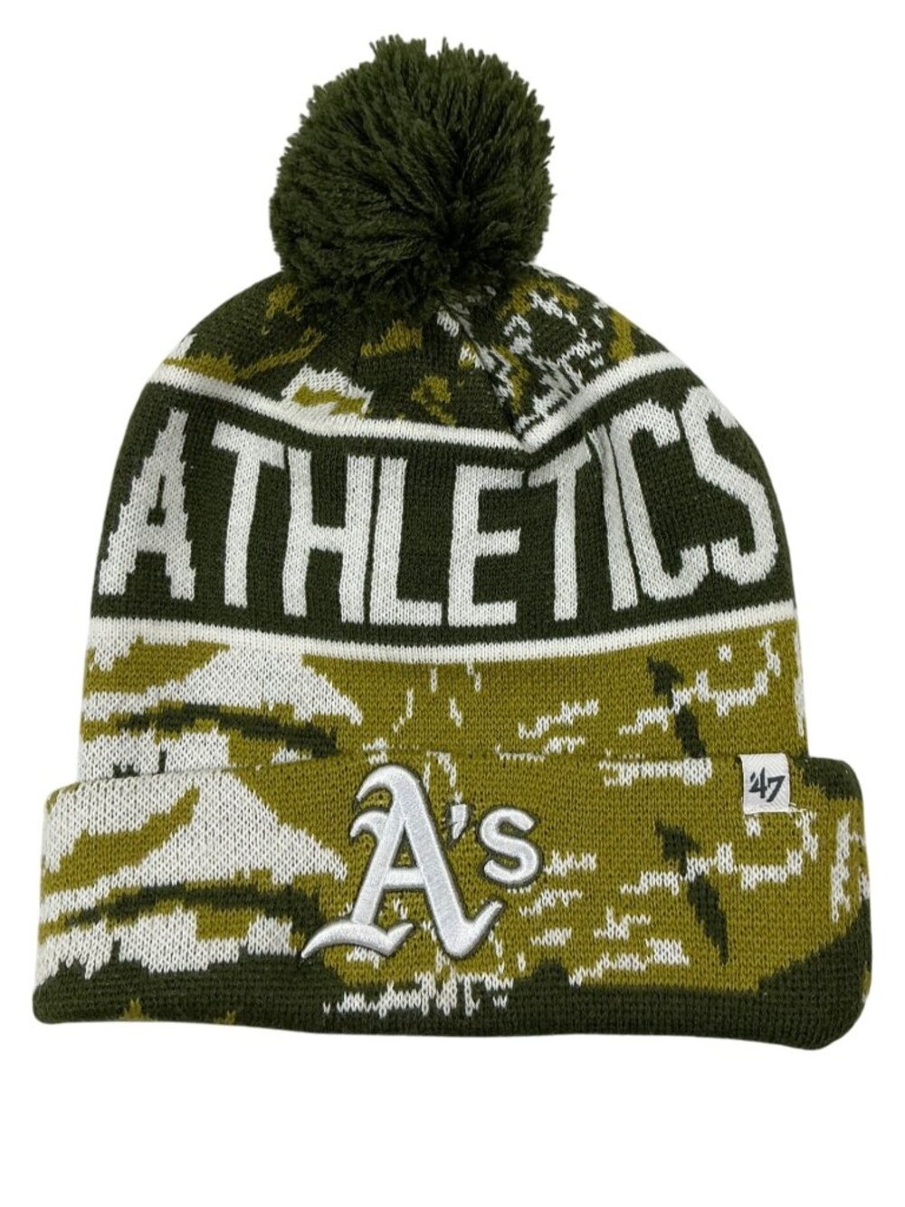 ’47 Brand Oakland Athletics A’s Camo Knit Pom Beanie | Green & Beige | Unisex